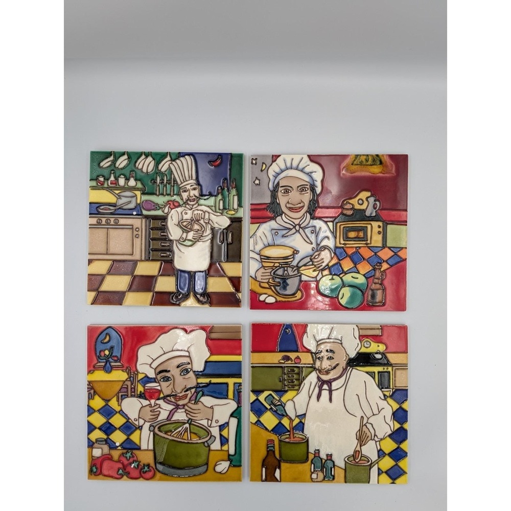 Vintage Italian Tile Chef 8 x 8 Ceramic Wall Tiles / Trivets w/Stand Set of 4 - Picture 2 of 12
